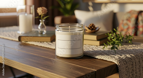 A serene candlelit scene on a wooden table with books and plants in a cozy living room setting from a close-up viewpoint