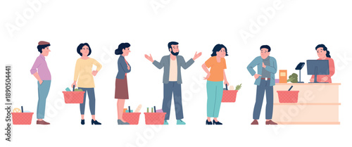Angry customers in supermarket. Dissatisfied waiting line, tired people with food baskets in queue. Man looking for wallet or money for paying, recent vector scene
