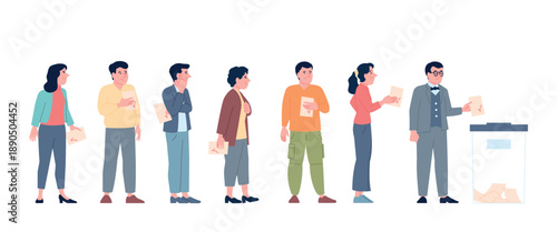Voting waiting line. People with ballot paper in queue for election. Vote for president, new rules, referendum. Democracy and choice, recent vector concept