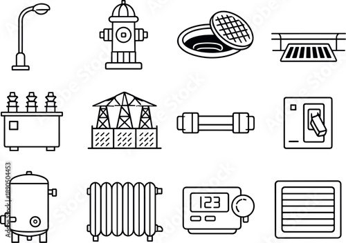 Line style vector icons of public utilities: streetlight, hydrant, manhole, drain; transformer, substation, fuse, breaker; boiler
