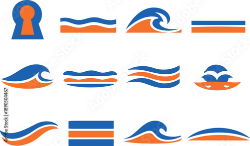 Two-Color vector icons of calm still aperture: quiet keyhole interior, flat-water band, smooth tide arc, neutral sea line; steady
