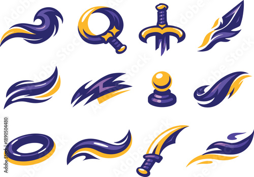 Two-Color vector icons of whimsical shade weapon: dreamy shadow curl, airy blade loop, playful hilt arc, misty tip crest;