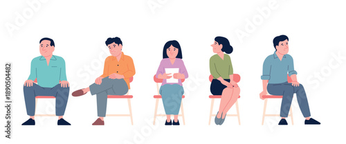 People sit in waiting line. Sitting queue on job interview, to doctor or social worker, administration or tax center. Men women nervous in wait, recent vector characters