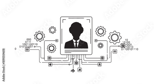 Professional man wearing virtual reality headset surrounded by digital interface elements and gears