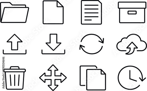 Line style vector icons of Digital file tools: folder, file, document, archive; upload, download, sync, backup; delete, move,