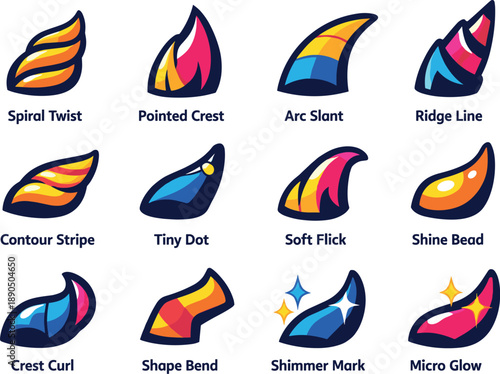 Two-Color vector icons of horn details: spiral twist, pointed crest, arc slant, ridge line, contour stripe, tiny dot, soft flick,