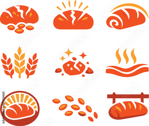 Two-Color vector icons of seed–crust motifs expanding cracked bread imagery: seed bead, crust arc, crack glow, loaf curl; grain