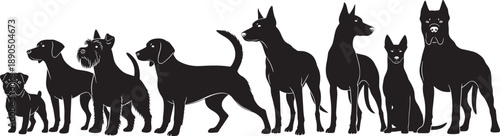 Comprehensive Black Silhouette Collection of Various Dog Breeds Including Pug Terrier Retriever and Guard Dogs Standing in a Row Isolated on a White Background