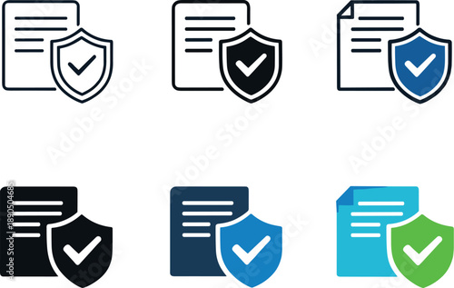 Insurance Icon Variations. Insurance safety and coverage symbol depicting a document protected by a sturdy shield to represent