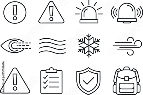 Weather Warning Icons. Line style vector icons of weather warning signs: exclamation, triangle, siren, alarm; visibility, fog, ice