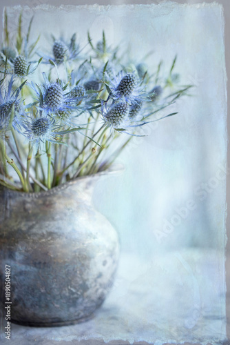 Still life vintage style photograph of blue thistle in a tarnished silver pitcher with a soft blue background