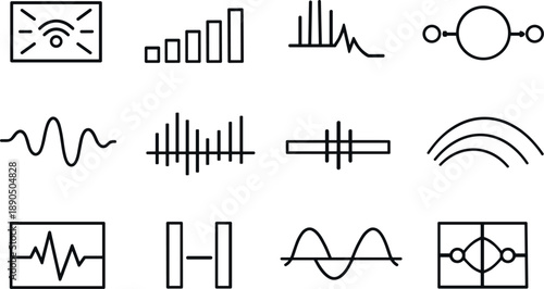 Line style vector icons of video streaming platform video playback interface: signal tile, propagation bar, signal stripe, timing
