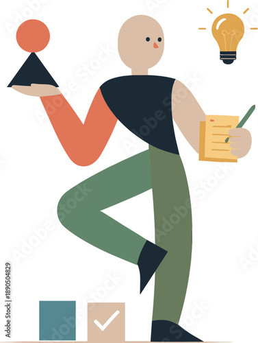 Single abstract geometric figure balances aligned constrained shapes while surrounding elements remain absent, illustrating