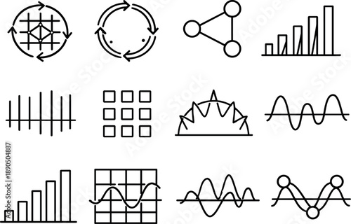 Line style vector icons of web development testing and debugging tools: cycle mesh, feedback ring, rhythm node, phase stripe,