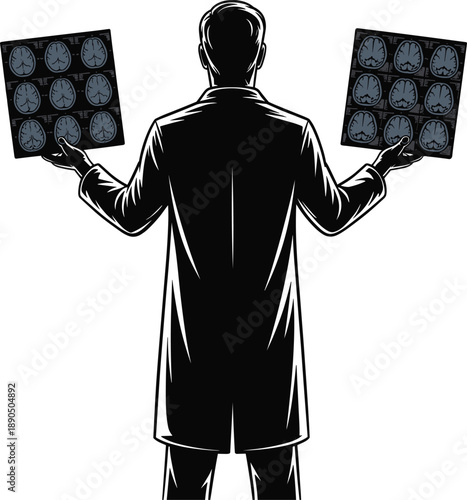 Medical professional analyzing brain MRI scans, radiologist in lab coat, healthcare imaging comparison, neurology diagnosis illustration, hospital research, medical technology