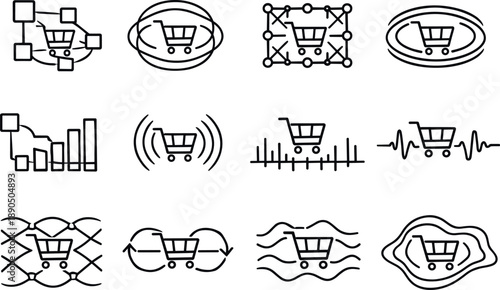 Line style vector icons of online shopping cart payment methods: flow tile, wave ring, feedback mesh, modulation ring, signal