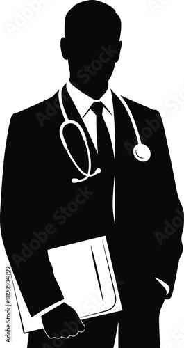 Doctor silhouette, medical professional, healthcare worker, hospital staff, stethoscope symbol, clipboard illustration, clinical workforce, medical concept,