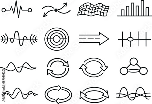 Line style vector icons of startup business launch marketing and growth: pulse node, transition contour, amplitude mesh,