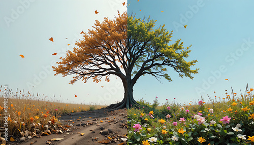 tree representing hope and renewal. One side appears damaged and dry with fallen leaves and dull colors, while the other side is alive with flowers, plants, and bright natural light. Clean background,
