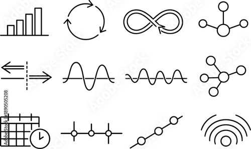 Line style vector icons of project planning workflow scheduling: pattern bar, cycle contour, loop arc, pulse node, sync stripe,