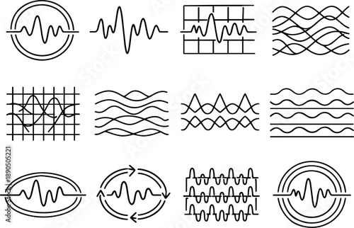 Line style vector icons of fences and boundaries: pulse ring, pulse contour, frequency tile, pattern stripe, feedback mesh,