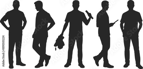 Male silhouettes, standing figures, casual poses, human actions, body language, phone usage, clipboard reading, bag holding, pointing gesture, lifestyle illustration