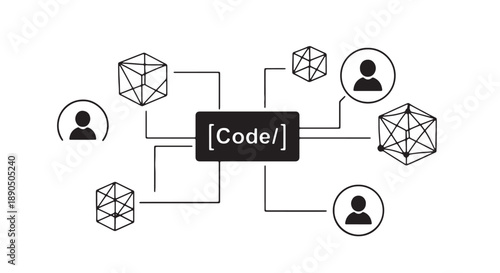 Network connections and coding concept with geometric shapes and user icons linked to central code box