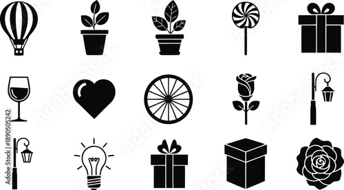 A diverse collection of black silhouette icons featuring various objects like plants, gifts, a hot air balloon, a heart, and a rose.