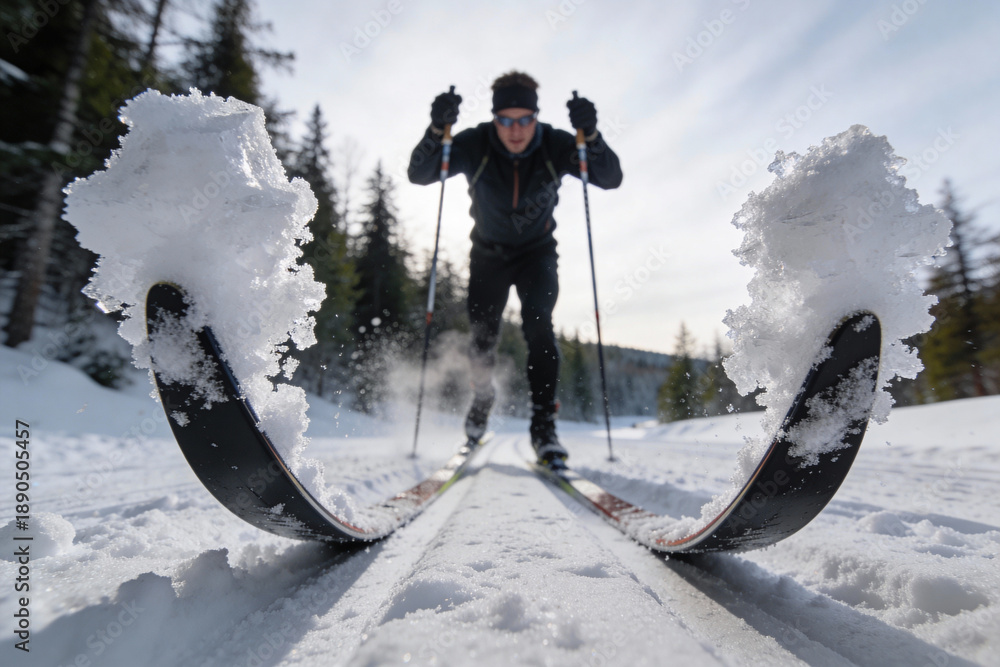 Fototapeta premium Close-up of snow covered ski tips with a skier in black sportswear skiing in a snowy forest landscape. Dynamic winter sport scene capturing motion and cold atmosphere outdoors.