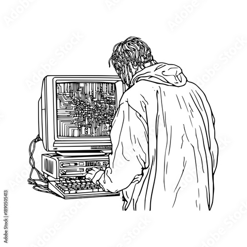 Retro computer programmer coding software on pc with keyboard and vintage monitor in black and white
