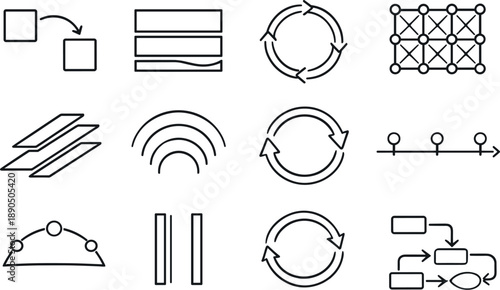 Line style vector icons of software development process system design: transition contour, phase band, cycle bar, pattern mesh,