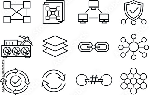 Line style vector icons of cryptocurrency blockchain network infrastructure: blockchain nodes, distributed ledger, peer to peer