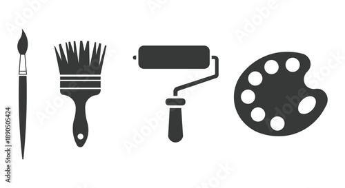 Painting tools with paint brush, roller and palette on transparent background in vector format for graphic resource