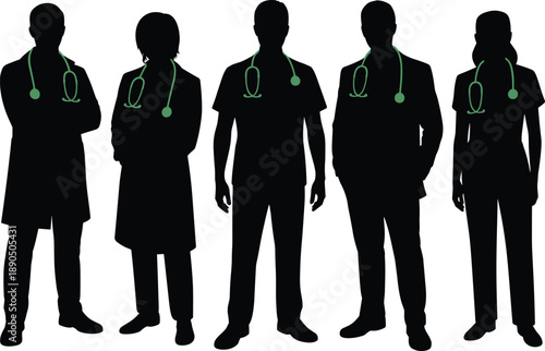 Doctors silhouettes, healthcare professionals, medical staff, stethoscope symbol, hospital teamwork, healthcare illustration, medical concept, professional figures, patient care