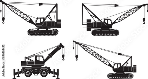Collection of black and white crane silhouettes isolated on white background representing heavy construction machinery, 
