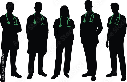 Doctors silhouettes, healthcare professionals, medical staff, stethoscope symbol, hospital teamwork, clinical workforce, healthcare illustration, medical concept, professional figures, patient care