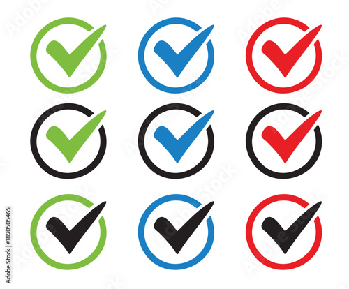 Check Mark Icon Set – Black Red Green Blue Tick Symbols for Approved Verified Success Confirmation, Minimal Vector