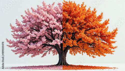 tree representing two seasons in one frame. Cherry blossom side filled with pink petals and fresh spring growth, autumn side covered in warm orange, red, and yellow leaves with fallen foliage below