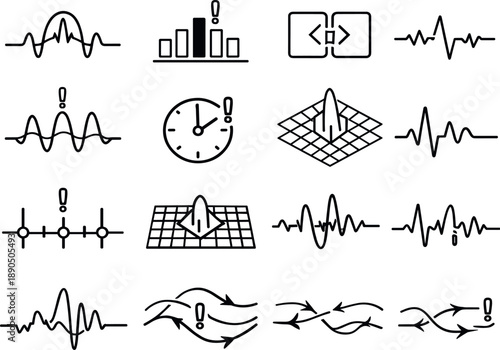 Anomaly Detection Icons. Line style vector icons of anomaly detection: pulse arc, feedback bar, sync tile, transition line,