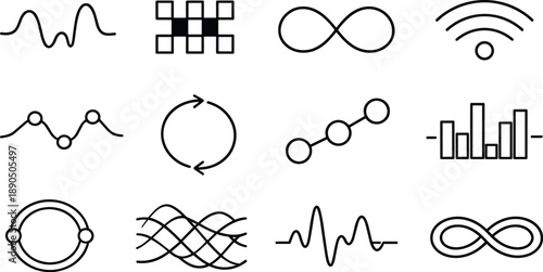 Line style vector icons of smart home security devices: wave band, modulation tile, loop stripe, feedback band, amplitude node,
