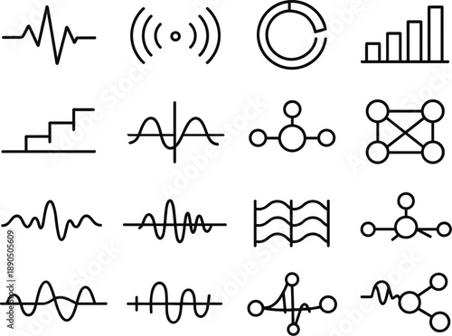 Minimal Tech Icons. Line style vector icons of remote work office productivity tools: pulse line, resonance arc, timing ring,