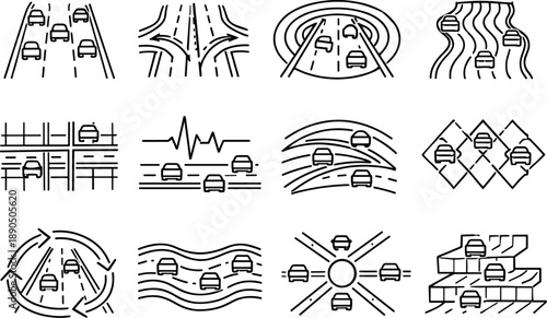 Line style vector icons of busy highway: variation contour, transition stripe, modulation ring, phase stripe, resonance tile,