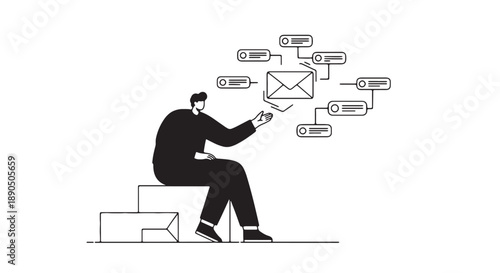 Man sitting on box interacting with digital email interface and message icons in minimalist black and white illustration