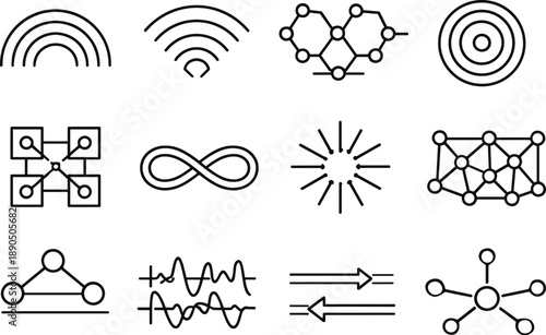 Line style vector icons of cyber security network protection: rhythm arc, signal contour, pattern contour, resonance ring,
