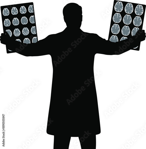 Medical professional silhouette, doctor holding brain scans, healthcare concept, neurology illustration, hospital staff, radiology icon, clinical analysis, medical imaging, diagnosis support,