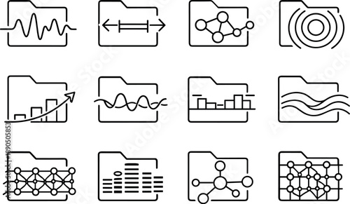 Minimal Icon Grid. Line style vector icons of file folder system storage and capacity: frequency line, transition line,