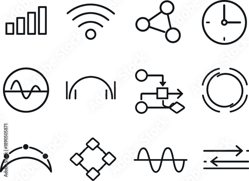Line style vector icons of file folder system sharing and permissions: phase bar, signal contour, loop node, timing node,