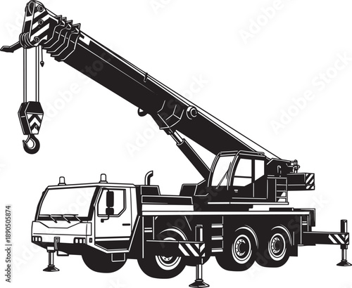Black and white silhouette of a professional mobile crane vehicle isolated on white background for heavy construction industrial lifting and building site project management concepts.