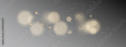 Golden bokeh lights with glowing star particles create festive magic on dark background. Shimmering dust and bright sparkles add luxurious holiday atmosphere to design.