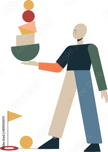 Single abstract geometric figure balances stacked and aligned shapes while surrounding elements remain controlled, illustrating